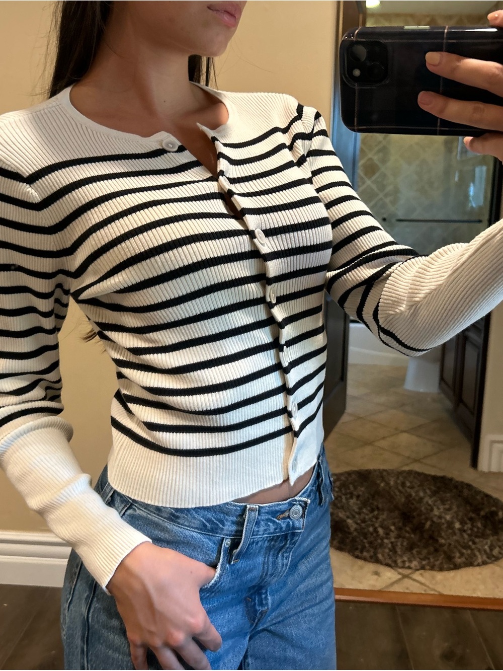 a new day White and Black Striped Button-Front Ribbed Cardigan